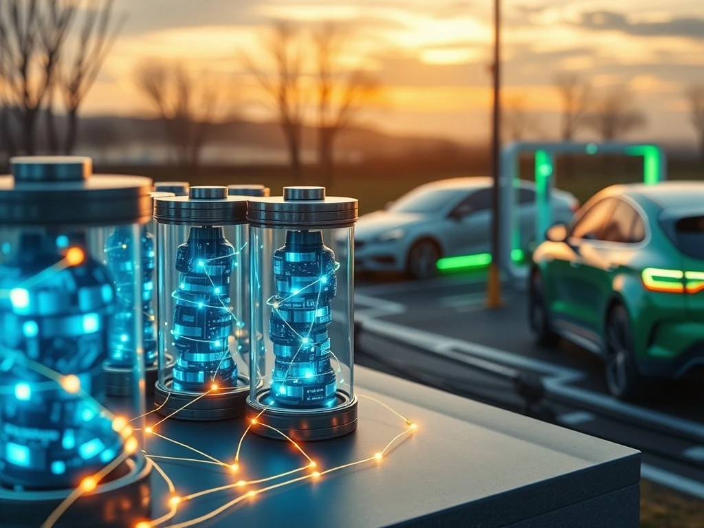 Illustrates U Power and IoTeX's revolutionary Battery Asset Tokenization partnership on the blockchain, showing batteries transforming into digital assets.
