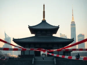 A symbolic representation of Japan's crypto exodus, showing digital assets moving away from traditional Japanese architecture due to crippling regulatory delays.