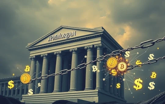 A visual depicting JPMorgan's alleged efforts to stifle crypto innovation, with traditional finance blocking digital assets like Bitcoin. This highlights the conflict between legacy banks and the digital asset sector.