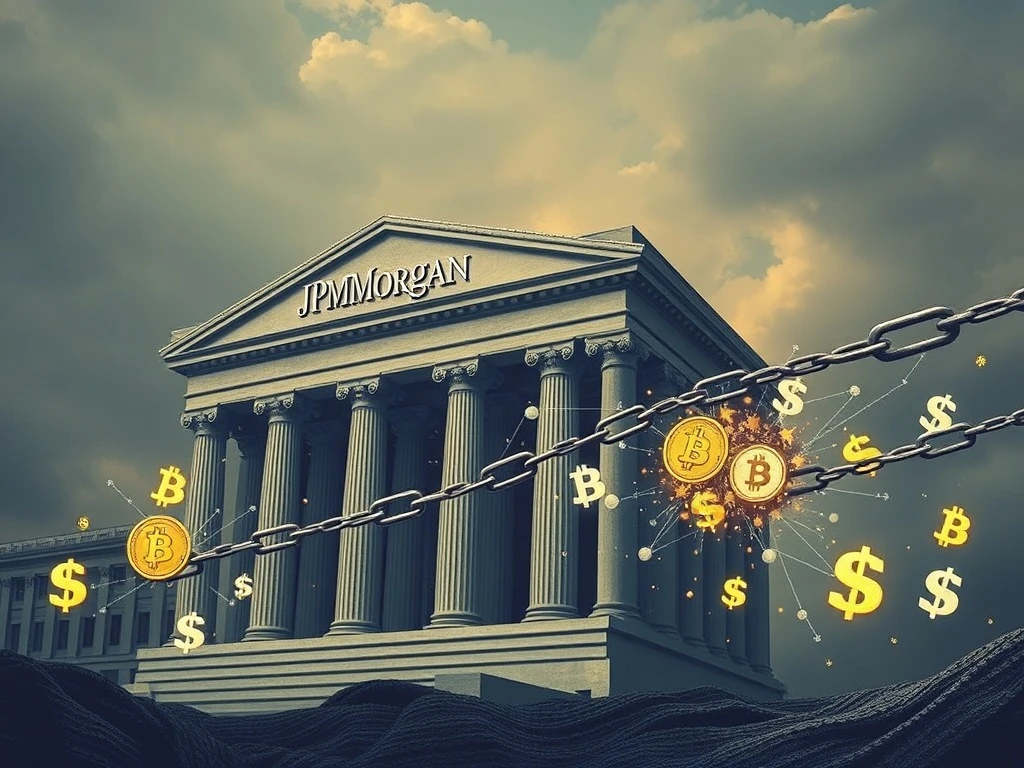 A visual depicting JPMorgan's alleged efforts to stifle crypto innovation, with traditional finance blocking digital assets like Bitcoin. This highlights the conflict between legacy banks and the digital asset sector.