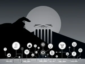 JPMorgan's proposed data fees casting a shadow over fintech and crypto platforms, symbolizing a threat to fintech innovation and competition.