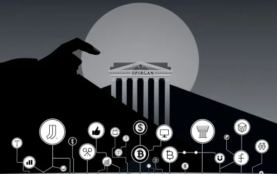 JPMorgan's proposed data fees casting a shadow over fintech and crypto platforms, symbolizing a threat to fintech innovation and competition.