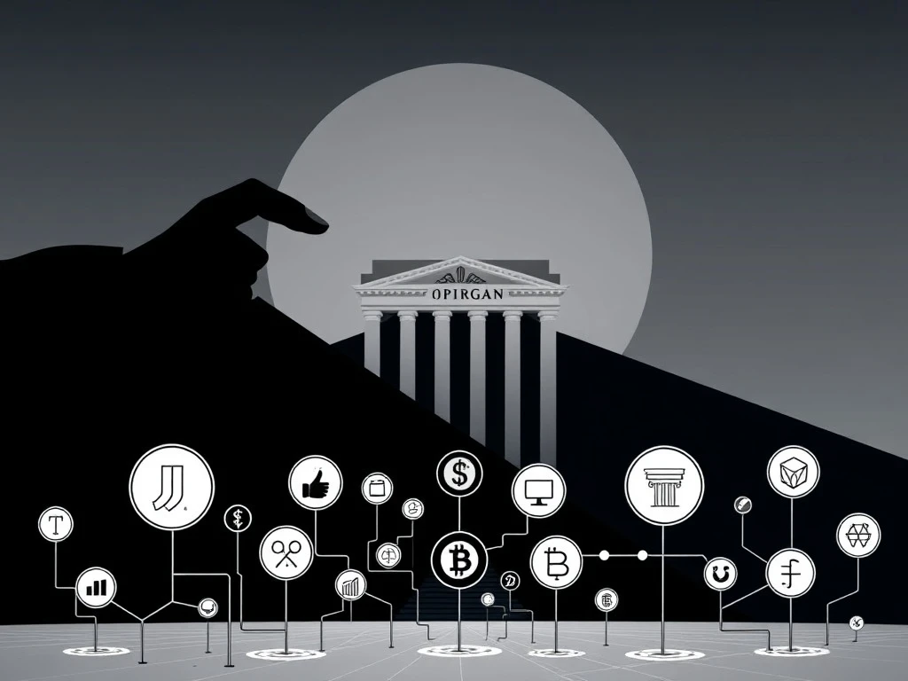 JPMorgan's proposed data fees casting a shadow over fintech and crypto platforms, symbolizing a threat to fintech innovation and competition.