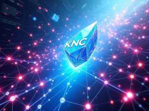 A visual representation of the KNC price surge, showing the Kyber Network Crystal logo ascending amidst digital blockchain elements.