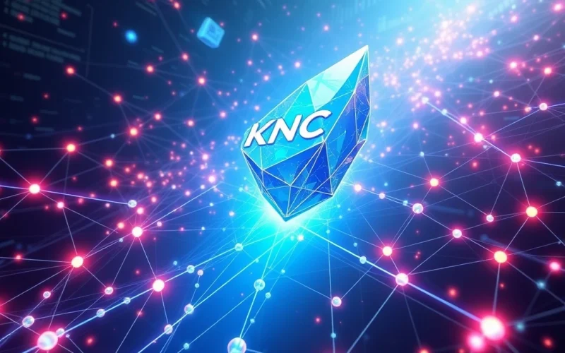 A visual representation of the KNC price surge, showing the Kyber Network Crystal logo ascending amidst digital blockchain elements.