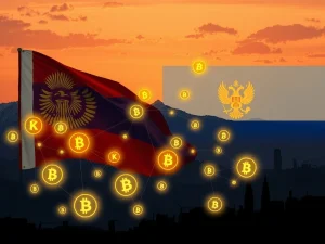 A visual representation of Kyrgyzstan's crypto sector facilitating Russian sanctions evasion through stablecoin transactions, highlighting illicit financial flows.