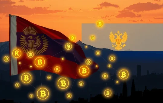 A visual representation of Kyrgyzstan's crypto sector facilitating Russian sanctions evasion through stablecoin transactions, highlighting illicit financial flows.