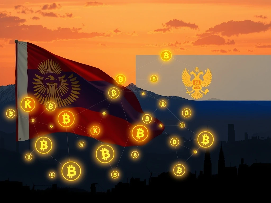 A visual representation of Kyrgyzstan's crypto sector facilitating Russian sanctions evasion through stablecoin transactions, highlighting illicit financial flows.
