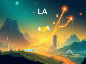 A dynamic digital graph showing a massive LA crypto price surge, with symbols of regulatory approval, green energy integration, and infrastructure expansion, representing the project's growth.