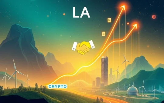 A dynamic digital graph showing a massive LA crypto price surge, with symbols of regulatory approval, green energy integration, and infrastructure expansion, representing the project's growth.
