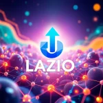 Dynamic visual depicting the LAZIO price surge, with a rising chart line and integrated NFT symbols, illustrating its strategic blockchain partnership and growth.