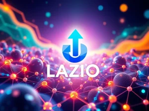 Dynamic visual depicting the LAZIO price surge, with a rising chart line and integrated NFT symbols, illustrating its strategic blockchain partnership and growth.