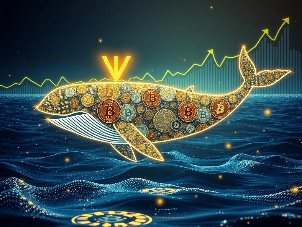 A colossal Bitcoin whale moving a massive $200M stake, symbolizing the legendary 8-year HODL and astounding gains in the crypto market.