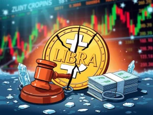 A visual representation of the LIBRA token scandal, highlighting the ongoing crypto fraud trial and frozen crypto assets.