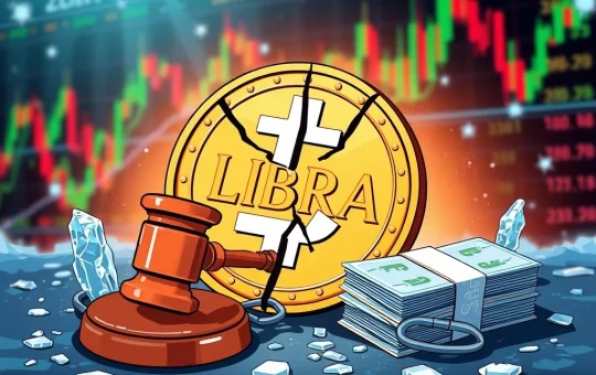 A visual representation of the LIBRA token scandal, highlighting the ongoing crypto fraud trial and frozen crypto assets.