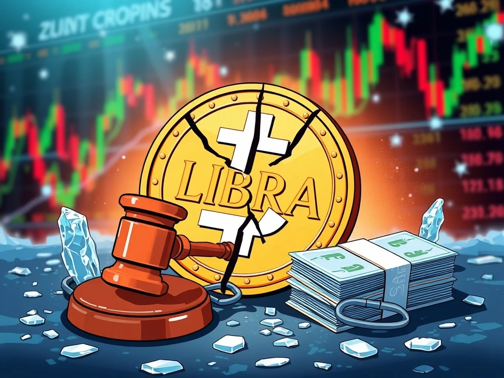A visual representation of the LIBRA token scandal, highlighting the ongoing crypto fraud trial and frozen crypto assets.