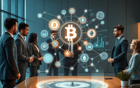 A group of finance professionals discussing institutional crypto adoption strategies, highlighting blockchain in finance.