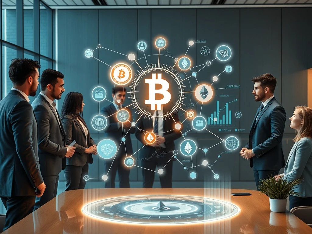 A group of finance professionals discussing institutional crypto adoption strategies, highlighting blockchain in finance.