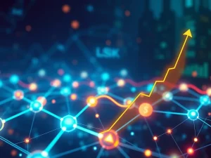 LSK price surge visualized with upward charts and interconnected blockchain nodes, representing strategic growth and ecosystem expansion.