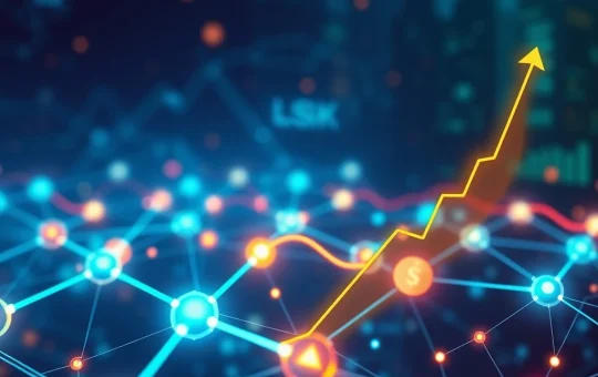 LSK price surge visualized with upward charts and interconnected blockchain nodes, representing strategic growth and ecosystem expansion.