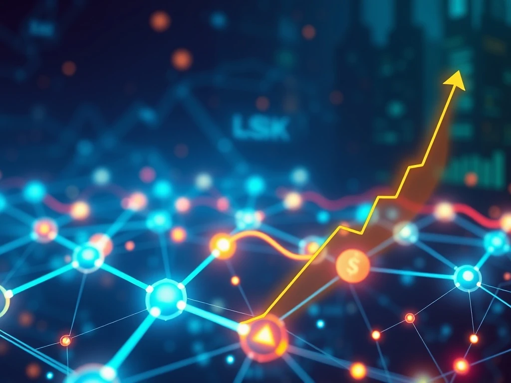 LSK price surge visualized with upward charts and interconnected blockchain nodes, representing strategic growth and ecosystem expansion.