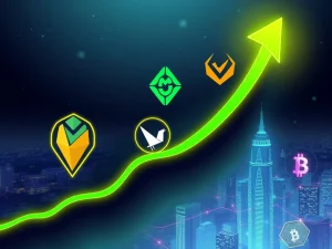 MAGACOIN FINANCE logo soaring high above other crypto symbols, representing a significant altcoin surge in the market.