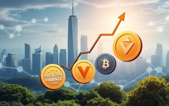 A visual representation of crypto tokens surging upwards, with MAGACOIN FINANCE, Token6900, and HYPER logos prominent, symbolizing the 2025 crypto presale surge.