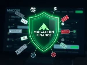 A digital shield protecting MAGACOIN FINANCE users from phishing scams and imitation websites, emphasizing secure crypto security.