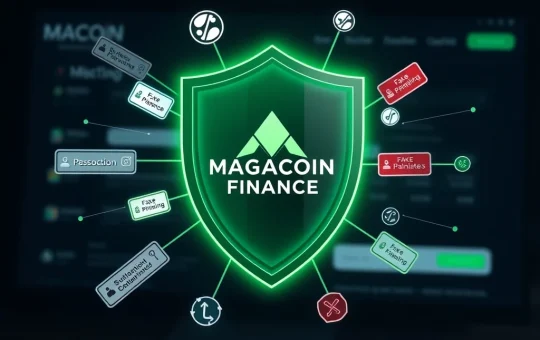 A digital shield protecting MAGACOIN FINANCE users from phishing scams and imitation websites, emphasizing secure crypto security.