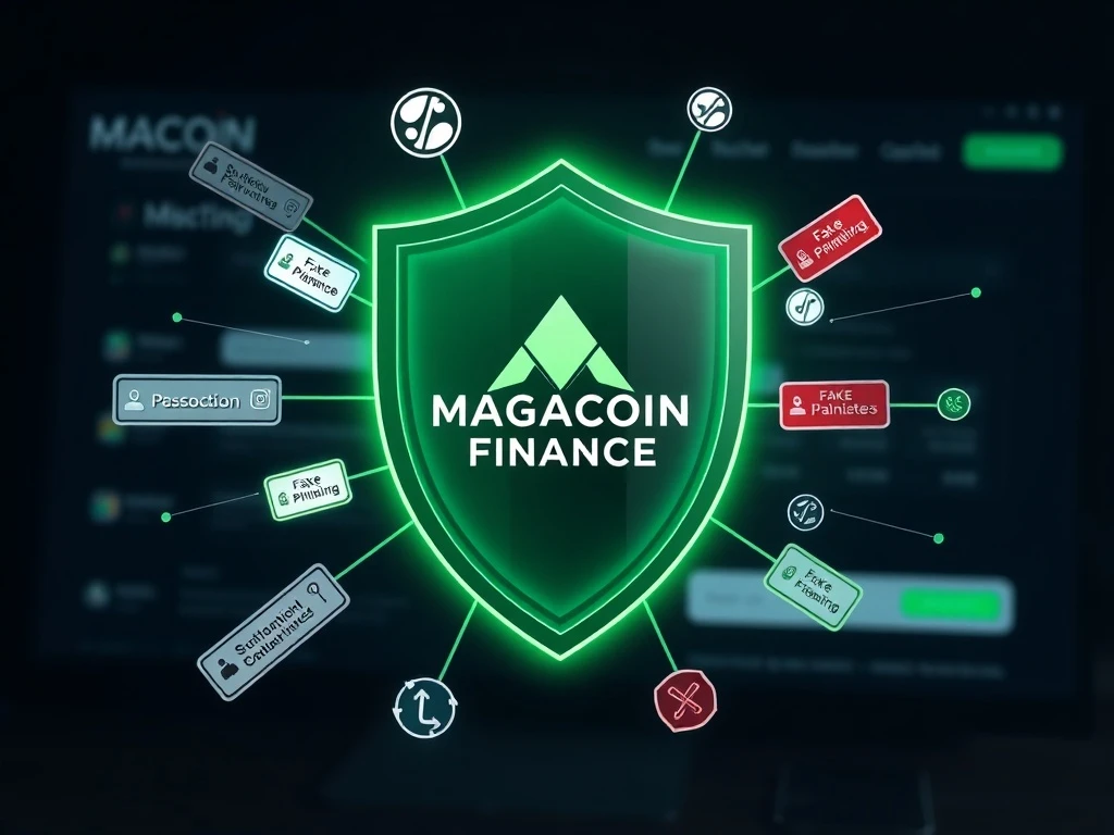 A digital shield protecting MAGACOIN FINANCE users from phishing scams and imitation websites, emphasizing secure crypto security.