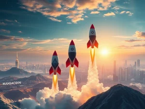 A visual representation of MAGACOIN FINANCE, Solana, and Cardano symbols surging, indicating strong growth and institutional adoption in the crypto market.