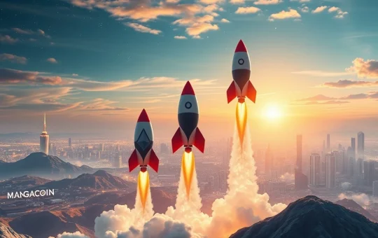 A visual representation of MAGACOIN FINANCE, Solana, and Cardano symbols surging, indicating strong growth and institutional adoption in the crypto market.