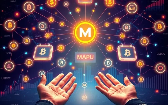 Digital hands exchanging cryptocurrency, symbolizing the MatchAwards MAPU token affiliate program's rewarding commissions.