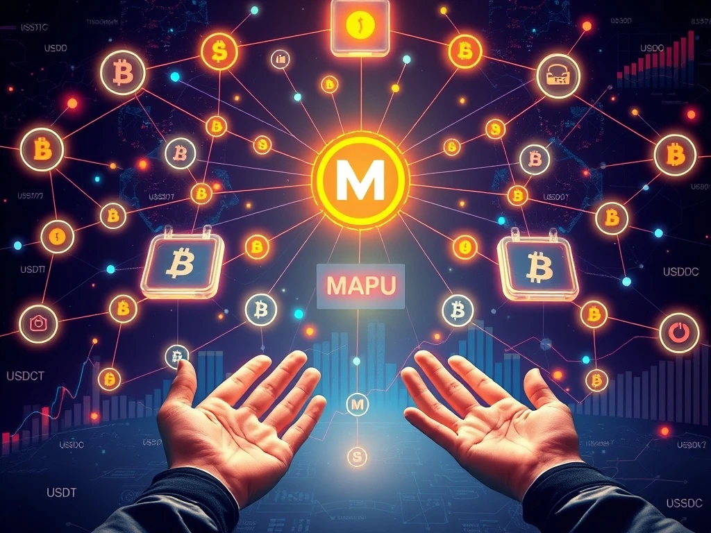 Digital hands exchanging cryptocurrency, symbolizing the MatchAwards MAPU token affiliate program's rewarding commissions.