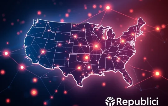 A futuristic network of Mawari nodes, illustrating the pioneering US Node Sale via Reg D Offering for DePIN infrastructure.