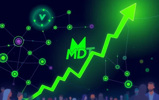 An illustrative representation of MDT token's explosive 964% cryptocurrency surge, highlighting its groundbreaking blockchain developments and market impact.