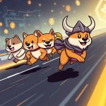 A dynamic race between Dogecoin, Shiba Inu, LILPEPE, and FLOKI characters, symbolizing the shifting Meme Coin Dominance in the crypto market.