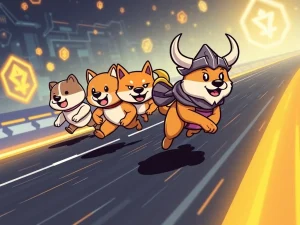 A dynamic race between Dogecoin, Shiba Inu, LILPEPE, and FLOKI characters, symbolizing the shifting Meme Coin Dominance in the crypto market.