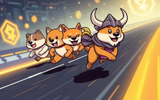 A dynamic race between Dogecoin, Shiba Inu, LILPEPE, and FLOKI characters, symbolizing the shifting Meme Coin Dominance in the crypto market.