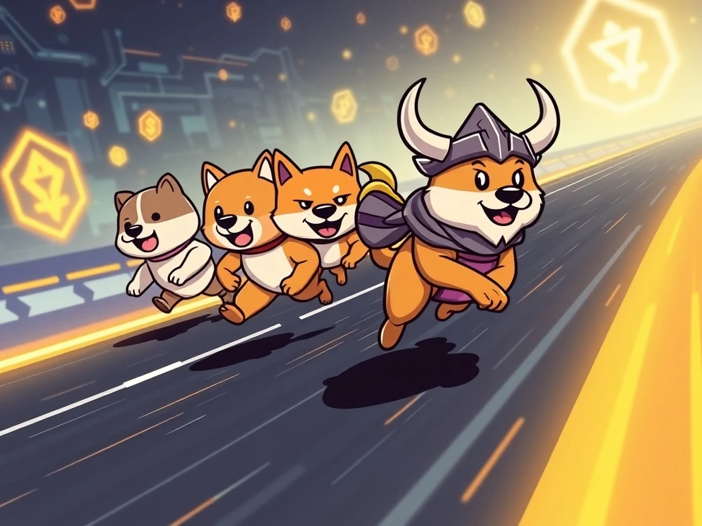 A dynamic race between Dogecoin, Shiba Inu, LILPEPE, and FLOKI characters, symbolizing the shifting Meme Coin Dominance in the crypto market.