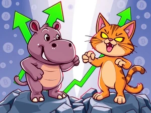 A cartoon pygmy hippo (Moo Deng) and a mischievous cat (Troller Cat) representing the fierce meme-coin rivalry and their impressive Crypto ROI in the volatile market.