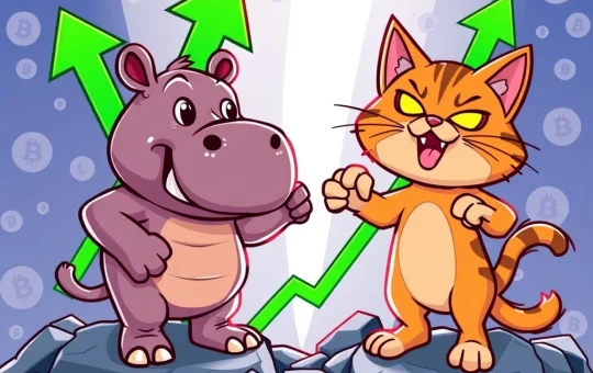 A cartoon pygmy hippo (Moo Deng) and a mischievous cat (Troller Cat) representing the fierce meme-coin rivalry and their impressive Crypto ROI in the volatile market.