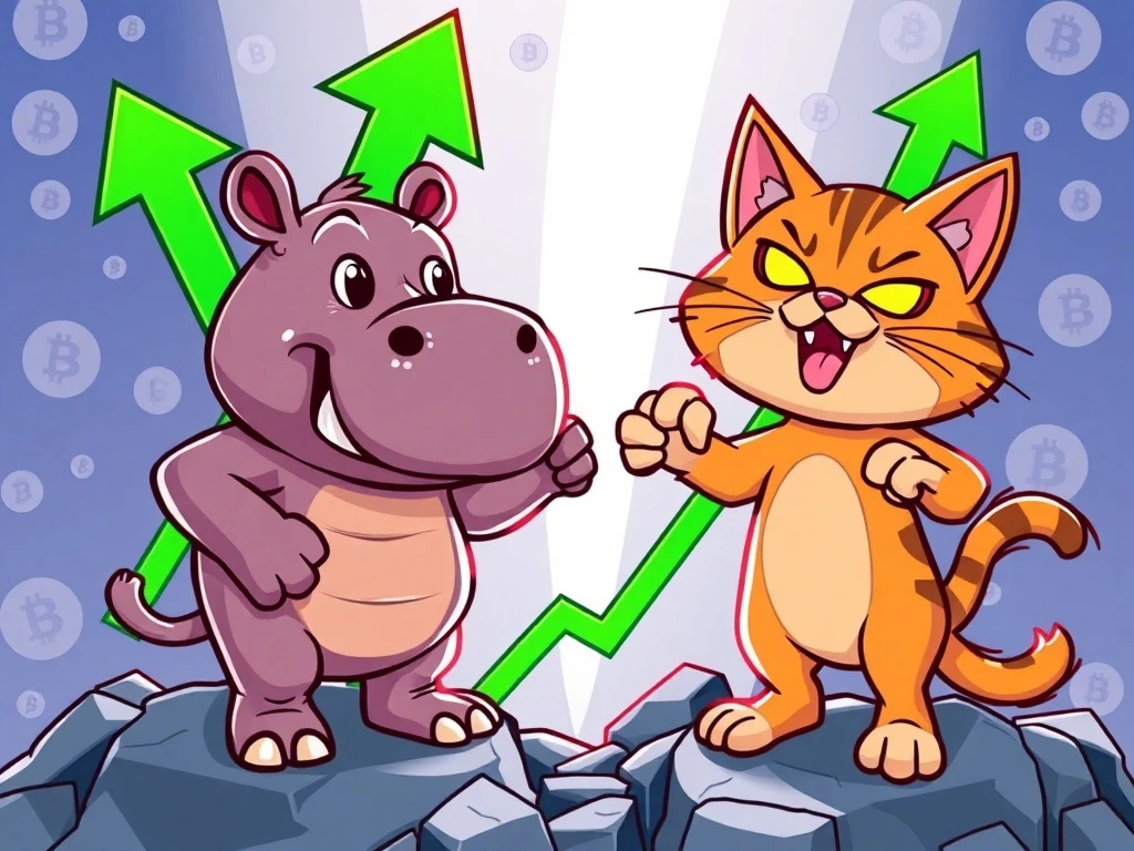 A cartoon pygmy hippo (Moo Deng) and a mischievous cat (Troller Cat) representing the fierce meme-coin rivalry and their impressive Crypto ROI in the volatile market.
