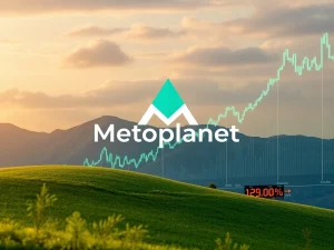 Metaplanet Bitcoin investment strategy leading to stock surge, showing a company logo with rising charts and Bitcoin symbol.