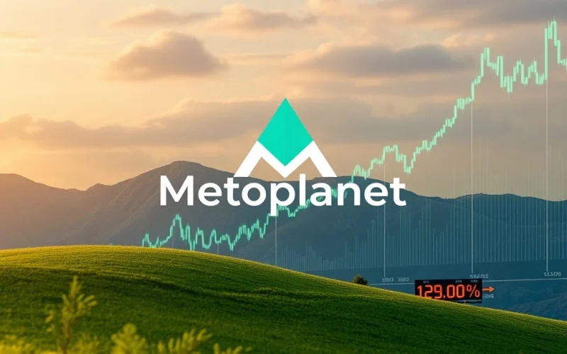 Metaplanet Bitcoin investment strategy leading to stock surge, showing a company logo with rising charts and Bitcoin symbol.