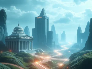 BNY Mellon and Goldman Sachs logos intertwine with blockchain symbols, representing the revolutionary tokenization of money market funds.