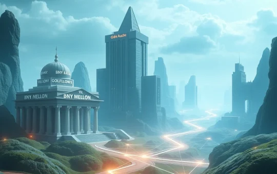 BNY Mellon and Goldman Sachs logos intertwine with blockchain symbols, representing the revolutionary tokenization of money market funds.