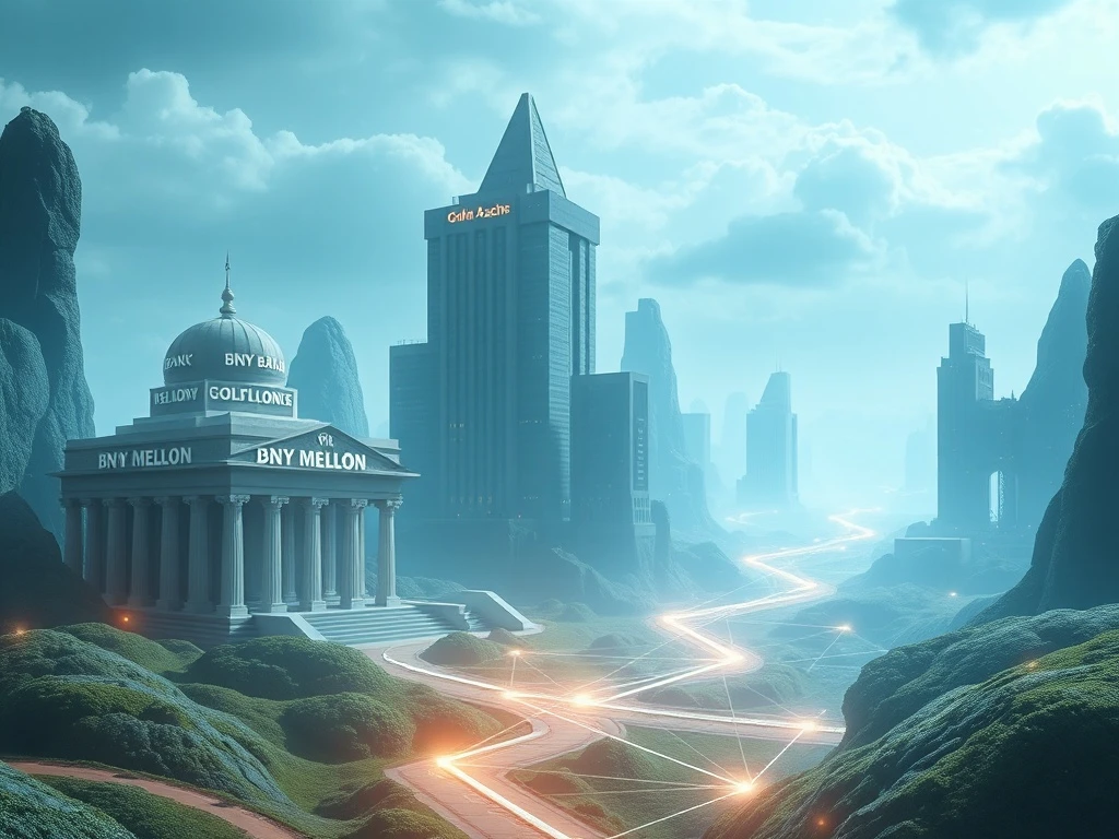BNY Mellon and Goldman Sachs logos intertwine with blockchain symbols, representing the revolutionary tokenization of money market funds.