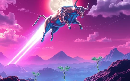 A powerful bull, symbolizing MoonBull, ascends amidst a dynamic meme coin surge, while Lofi and Floki crypto symbols decline.