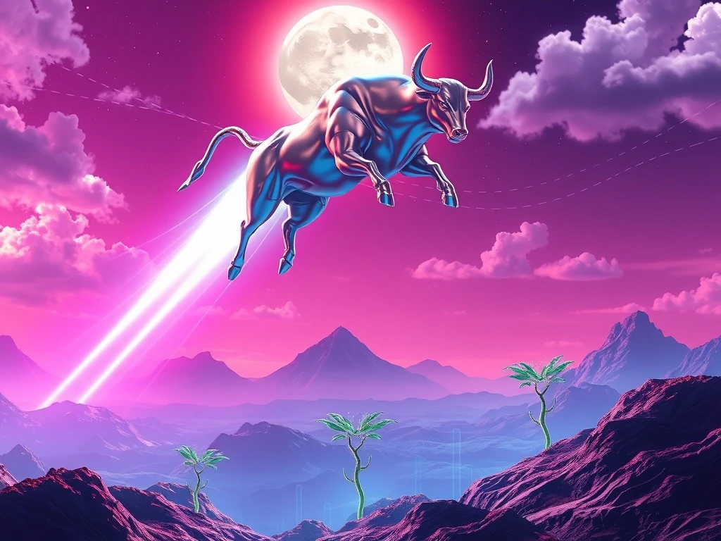 A powerful bull, symbolizing MoonBull, ascends amidst a dynamic meme coin surge, while Lofi and Floki crypto symbols decline.